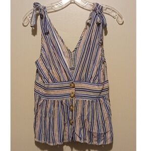 Papaya Sleeveless Striped Plunging V Neck Button Down Top Shirt Blouse‎ L